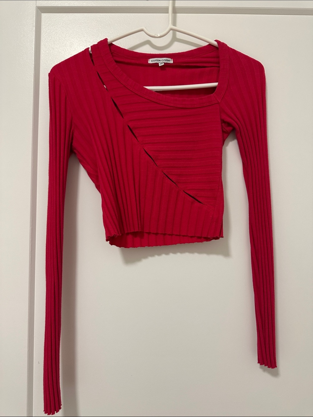 Cotton On Bright Red Ribbed Long-Sleeve Cropped Top with Cutouts